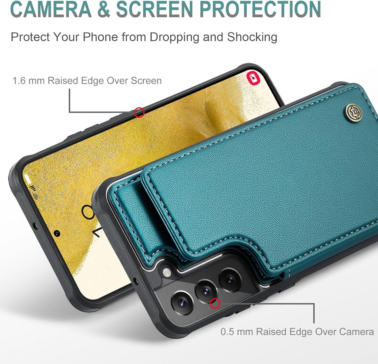 For Samsung Galaxy S22 Case with Card Holder, for Samsung S22 Wallet Case for Women Men with RFID Blocking, Durable Kickstand Shockproof Phone Case for Galaxy S22 5G, Bluish Green