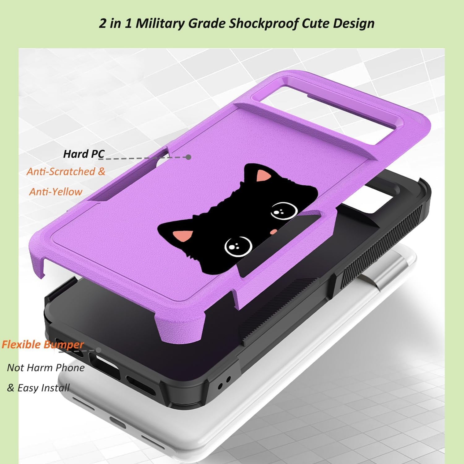 For Google Pixel 8 5G Case with Tempered Glass Screen Protector: Cute Flower Floral Design for Girls Women Slim Fit Soft TPU Bumper Silicone Cell Phone Cover (Funny Cat)  Ftonglogy   