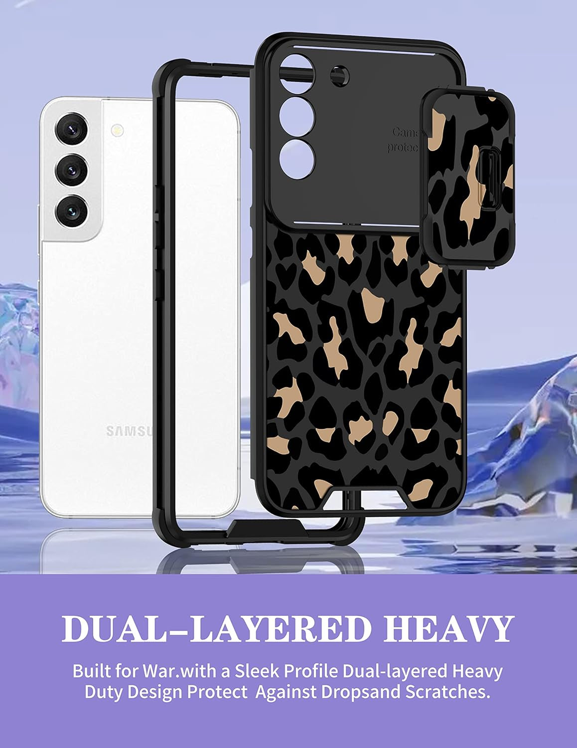 Goocrux for Samsung Galaxy S22 plus Case Leopard for Girls Women Cheetah Print Phone Cover Cute Black Animal Fashion Design with Slide Camera Cover Aesthetic Girly Cases for Galaxy S22 plus 5G 6.6''