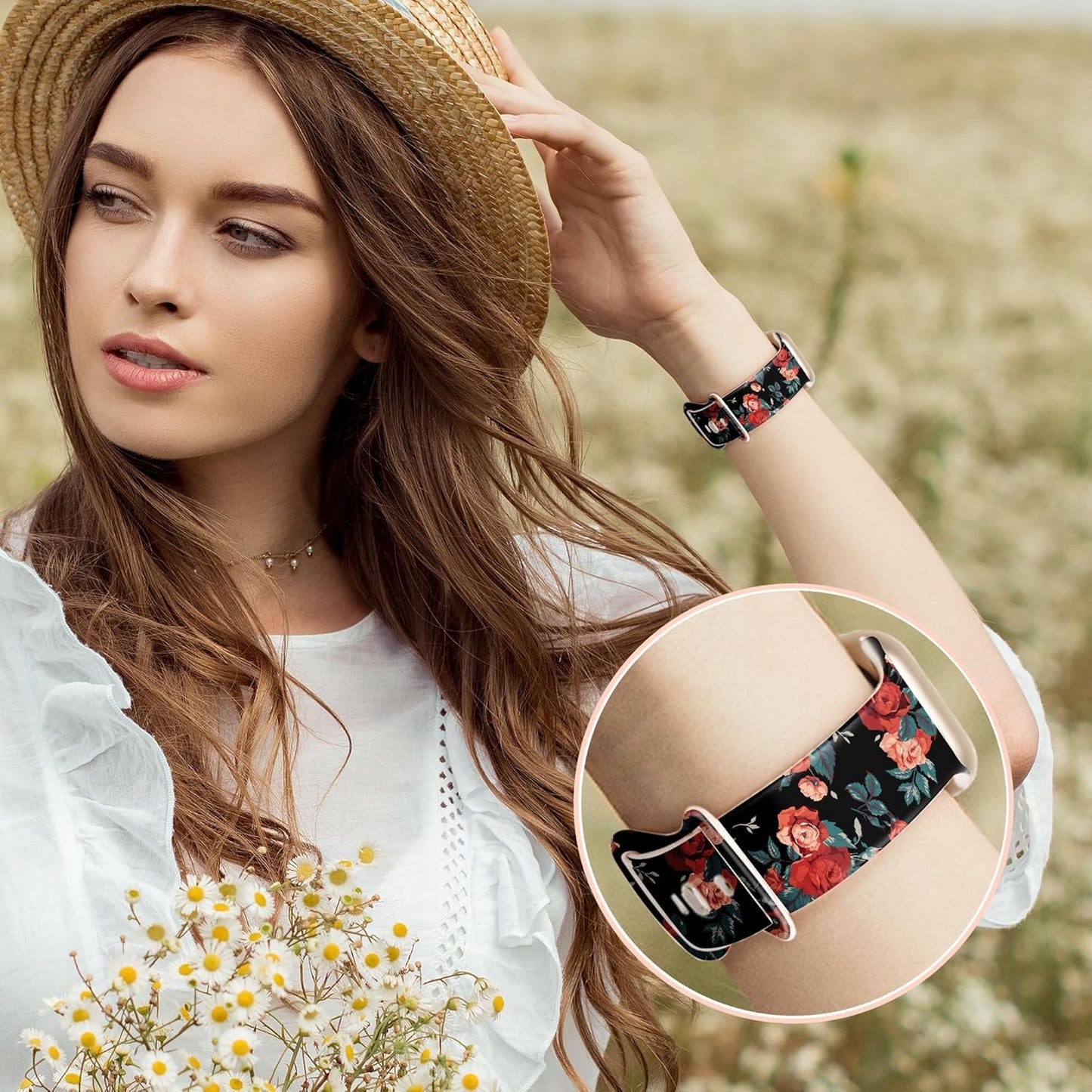 2 Pack Silicone Floral Band for Apple Watch Bands 41Mm 40Mm 38Mm for Women, Cute Flower Printed for Iwatch Bands, Fancy Dressy Soft Sport Strap for Apple Watch Band Series 9 8 7 SE 6 5 4 3