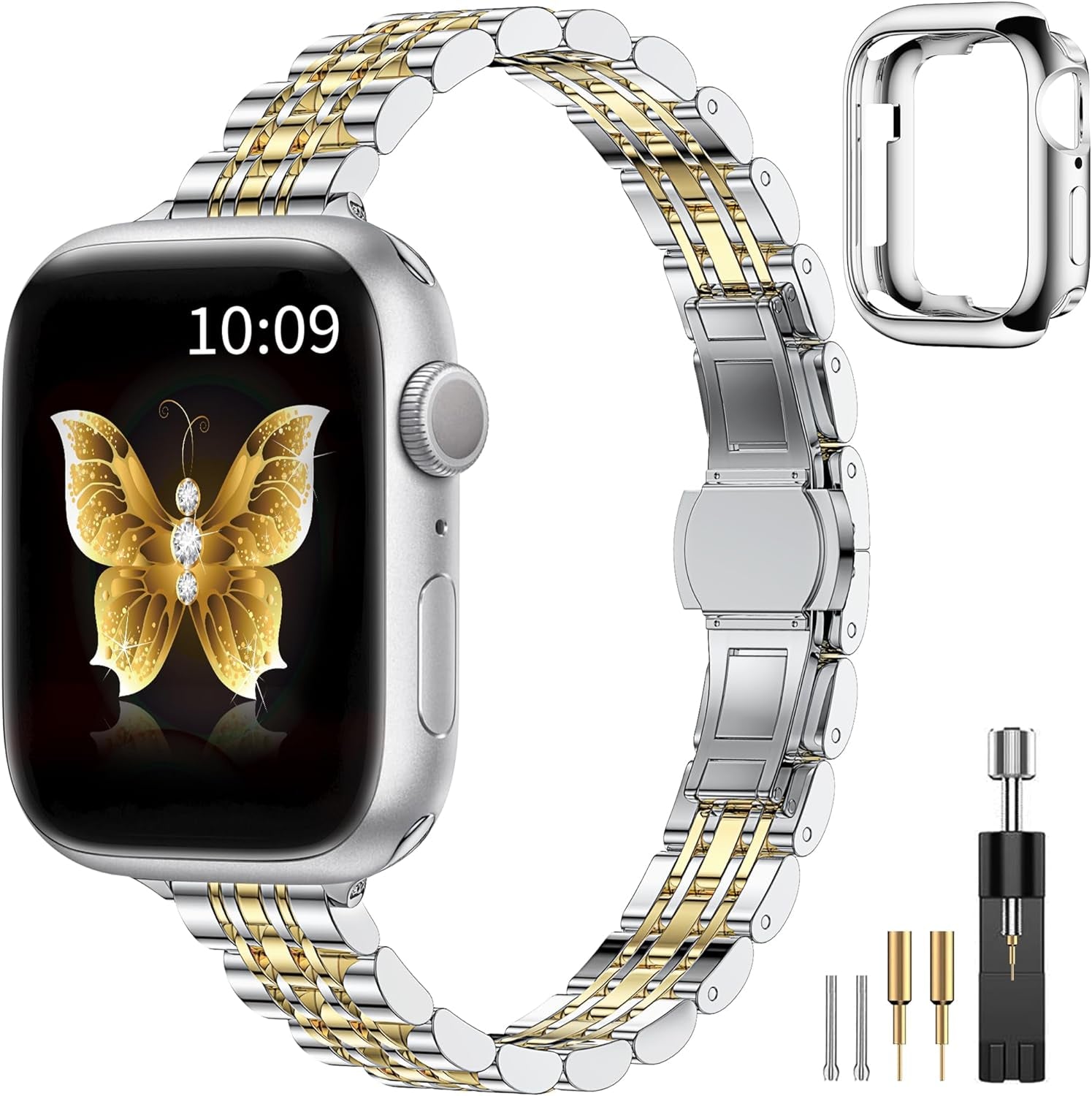 CTYBB Women Slim Band Compatible with Apple Watch Band 38Mm 40Mm 41Mm 42Mm 44Mm 45Mm, Stainless Steel Replacement Straps with Case for Iwatch Bands Series 9 8 7 6 5 4 3 2 1 Se,Silver+Gold