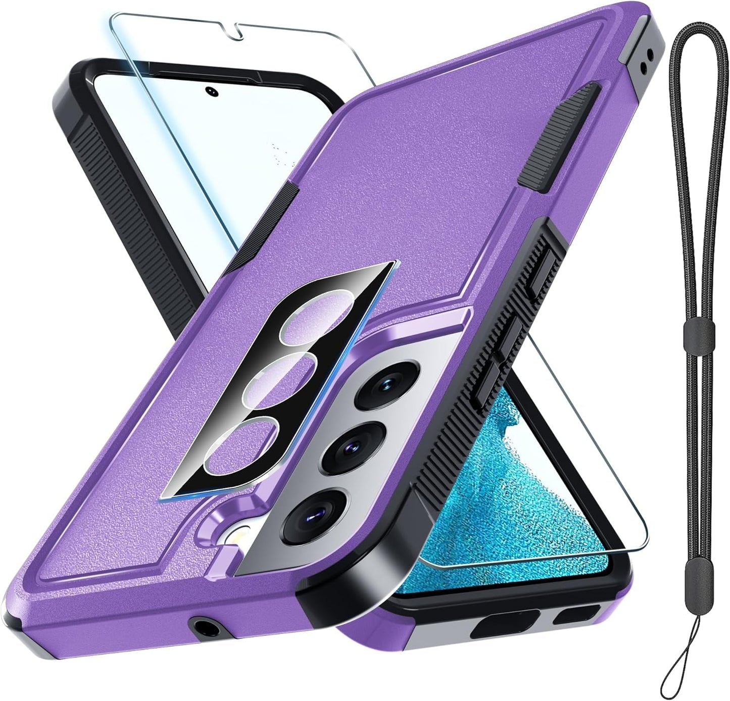 For Samsung Galaxy S22 Case, Full Body Heavy Duty Rugged Shockproof Protective Phone Cover with Lanyard Strap, Tempered Glass Screen Protector and Camera Lens Cover, Mint Green