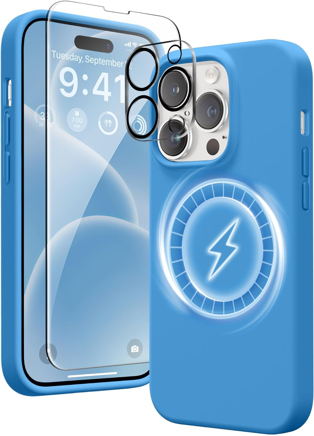 GONEZ for Iphone 14 Pro Max Case Silicone, Compatible with Magsafe, with 2X Screen Protector + 2X Camera Lens Protector, Liquid Silicone Shockproof Protective Iphone 14 Promax Case, Blue  GONEZ   