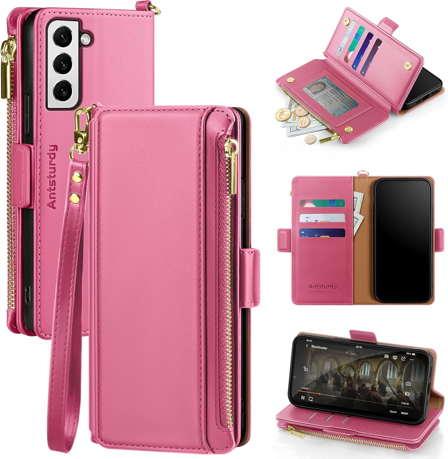 Antsturdy Samsung Galaxy S22+/S22 plus Case Wallet with Card Holder for Women Men,Galaxy S22+/S22 plus Phone Case RFID Blocking PU Leather Flip Cover with Strap Zipper Credit Card Slots,Light Purple