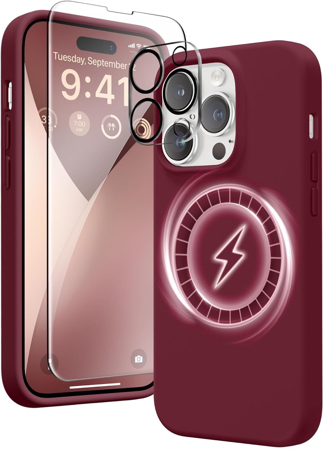 GONEZ for Iphone 14 Pro Max Case Silicone, Compatible with Magsafe, with 2X Screen Protector + 2X Camera Lens Protector, Liquid Silicone Shockproof Protective Iphone 14 Promax Case, Blue  GONEZ Maroon  