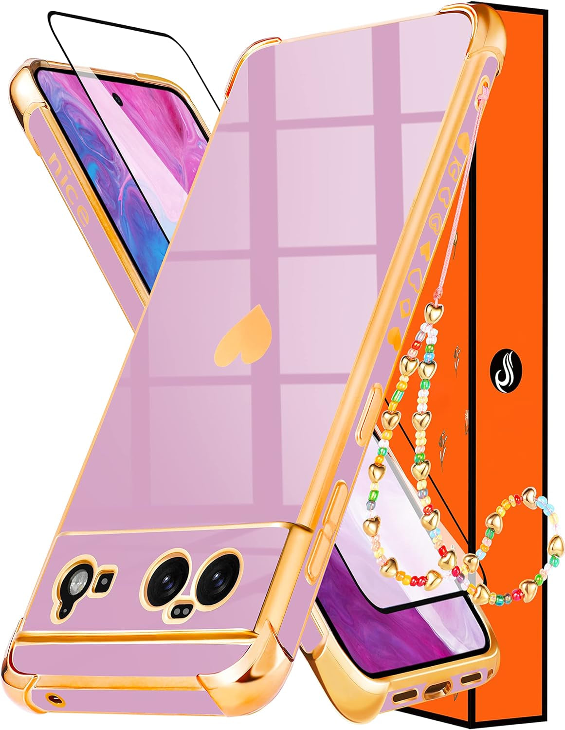 Shorogyt (3In1 Heart Case for Google Pixel 6 Case 5G 6.4 Inch Women Cute Aesthetic Love Hearts Pattern Girls Gold Luxury Girly Design Phone Cases Cover+Screen+Chain for Pixel 6 Case 5G 6.4''  qunxiner Purple For Google Pixel 6 