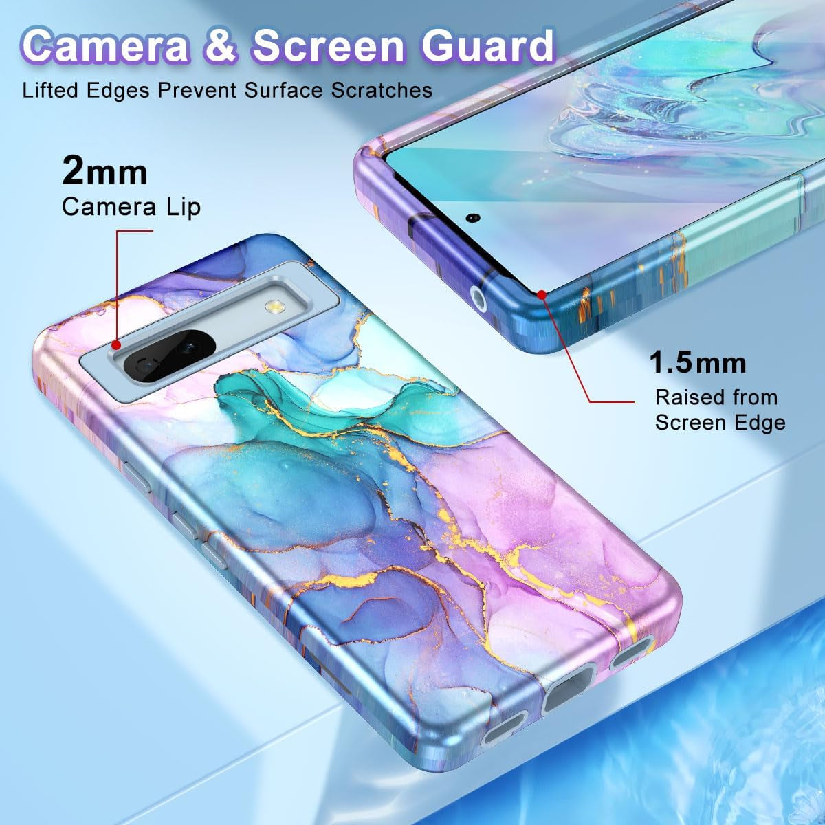 Btscase for Google Pixel 7A Case, [5 in 1] with 2 Pack Screen Protector + 2 Pack Camera Lens Protector, Marble Pattern Full Body Three Layer Rugged Shockproof Protective Cover (2023), Blue Pink  Btscase   