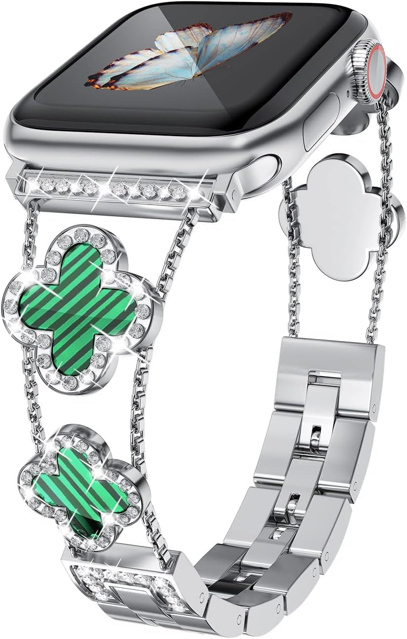 Diamond Metal Band Adds Sparkle to Your Watch - Compatible with Apple Watch Series 8/7/6/5/4/3/2/1Se/Ultra - Clover Is Simple and Stylish, Fits Women'S Sizes 38Mm 40Mm 41Mm 42Mm 44Mm 45Mm 49Mm.(Gold/Black, 42Mm/44Mm/45Mm)
