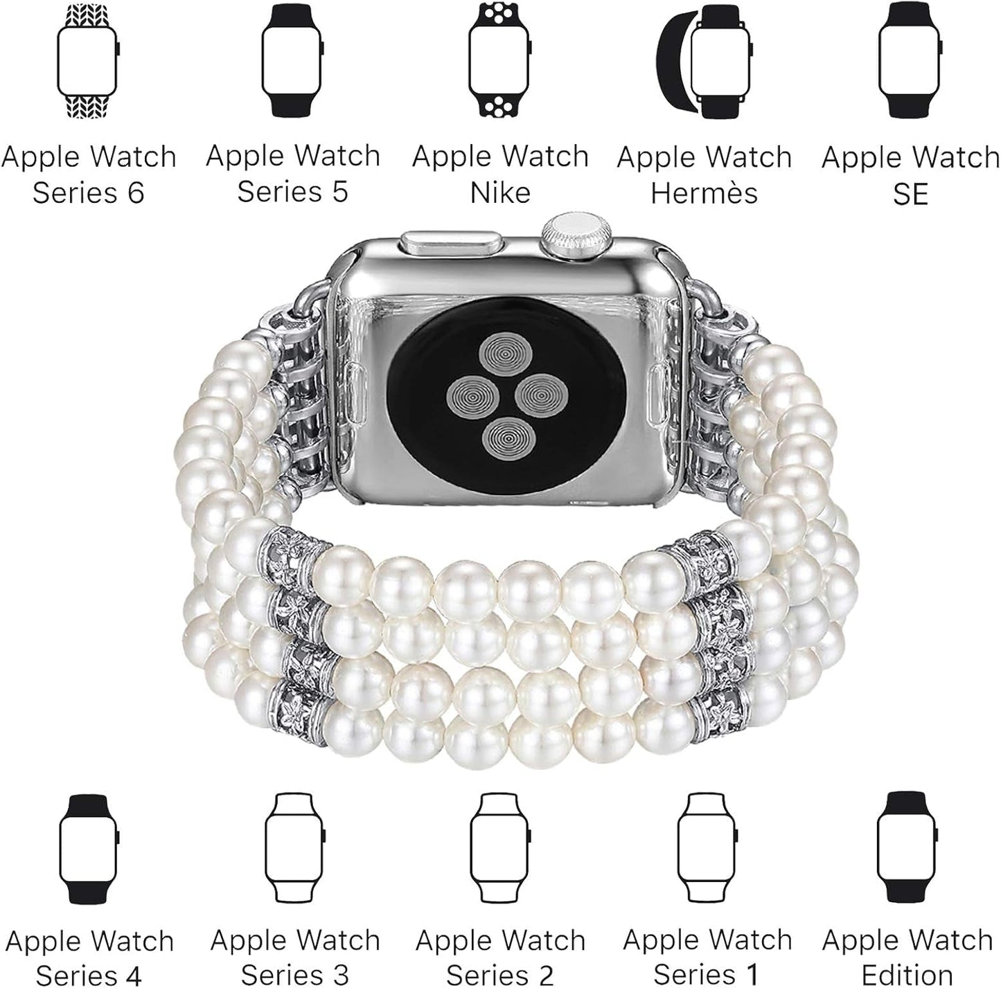 Fastgo Compatible with Pearl Apple Watch Bands 44Mm 42Mm 45Mm 49Mm Women, Elastic Beaded Bracelet Replacement Bands White for Iwatch SE & Series 9 Ultra 8 7 6 5 4 3 2 1 (White-42/44/45/49Mm)