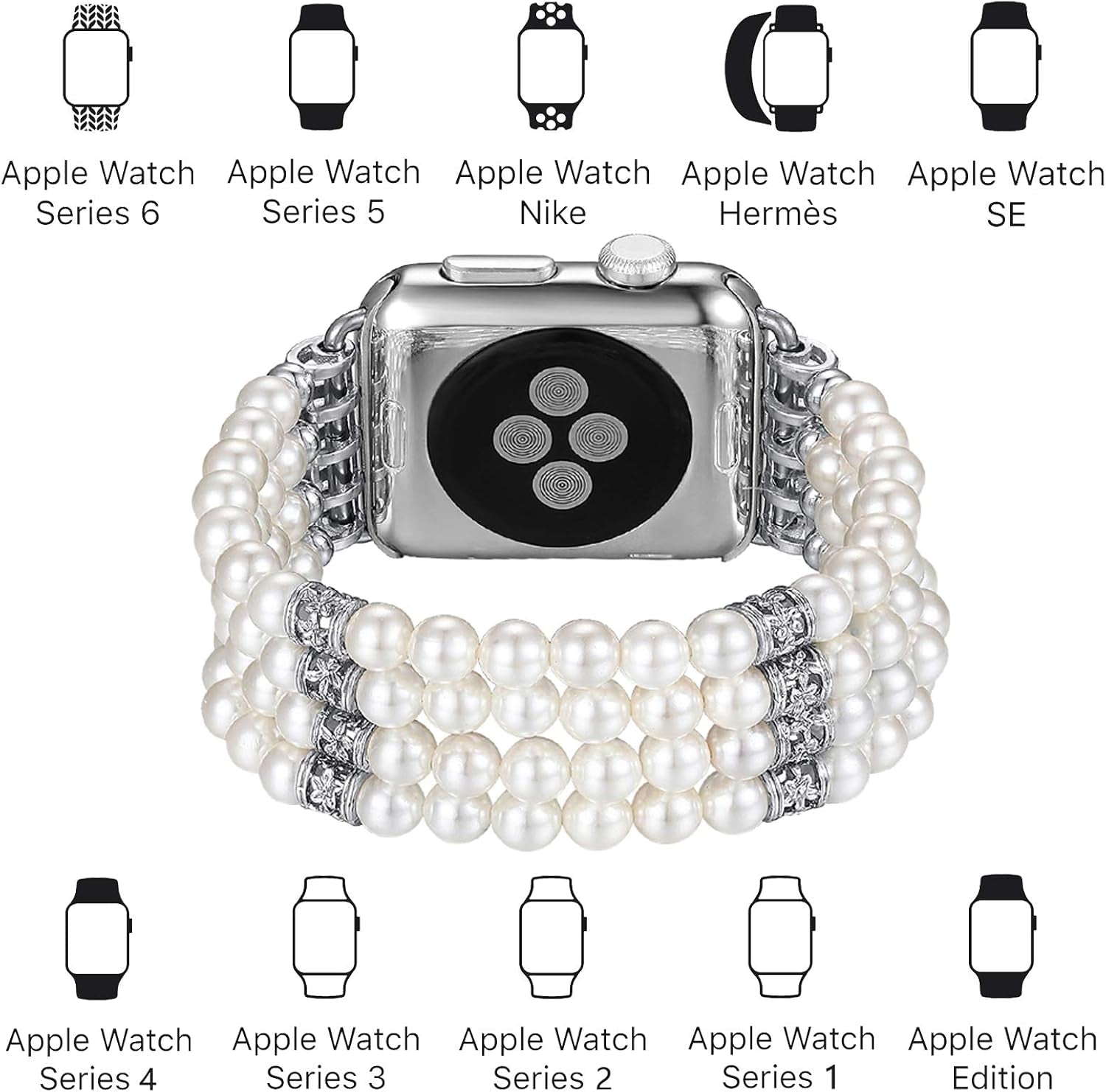 Fastgo Compatible with Pearl Apple Watch Bands 44Mm 42Mm 45Mm 49Mm Women, Elastic Beaded Bracelet Replacement Bands White for Iwatch SE & Series 9 Ultra 8 7 6 5 4 3 2 1 (White-42/44/45/49Mm)