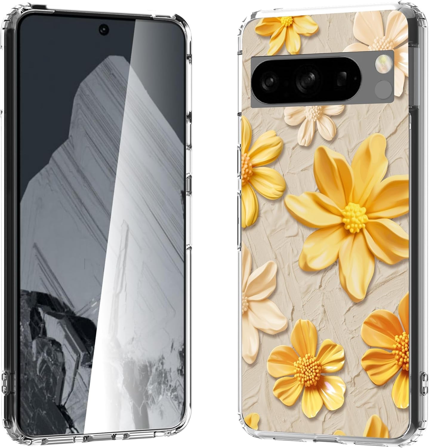 For Google Pixel 8 Clear Case with 3D Flower Printing Design, TPU+PC Slim Shock-Proof Protective Floral Cover for Women Girls, 6.2“ (Pic 5)  YIKECASE A-18 Google Pixel 8 Pro 