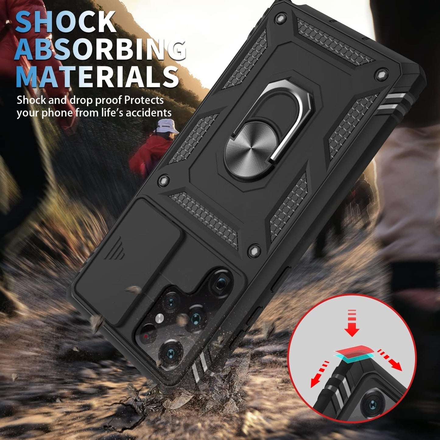 For Samsung Galaxy S22 Ultra Case with Slide Camera Cover & Screen Protector*2, S22 Ultra Case Build in 360° Rotating Ring Kickstand, Military Grade Protective Case for Galaxy S22 Ultra Case, Black