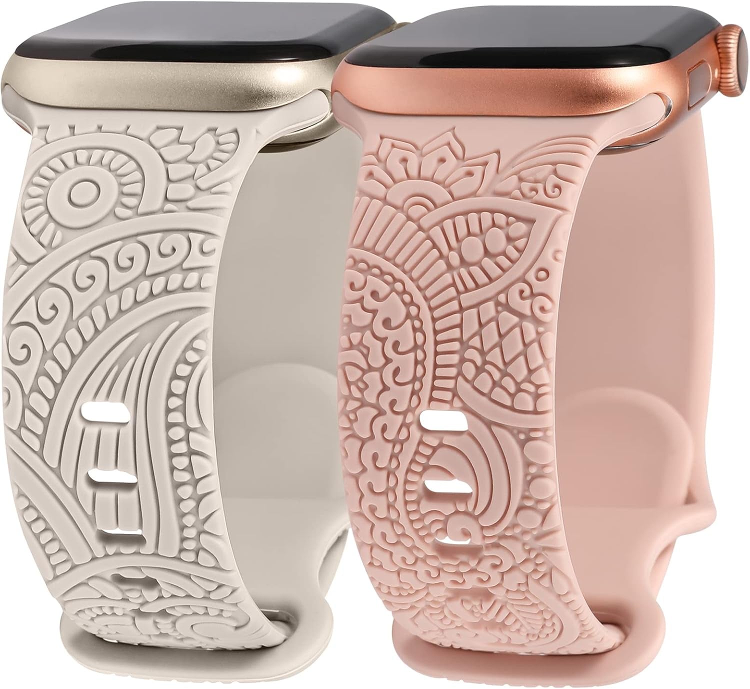 2 Packs Boho Engraved Bands Compatible with Apple Watch Bands 41Mm 40Mm 38Mm 45Mm 44Mm 42Mm 49Mm Women Girls Men, Silicone Sport Fancy Dressy Cute Strap for Iwatch Series 9/Ultra/Se/8/7/6/5/4/3/2/1