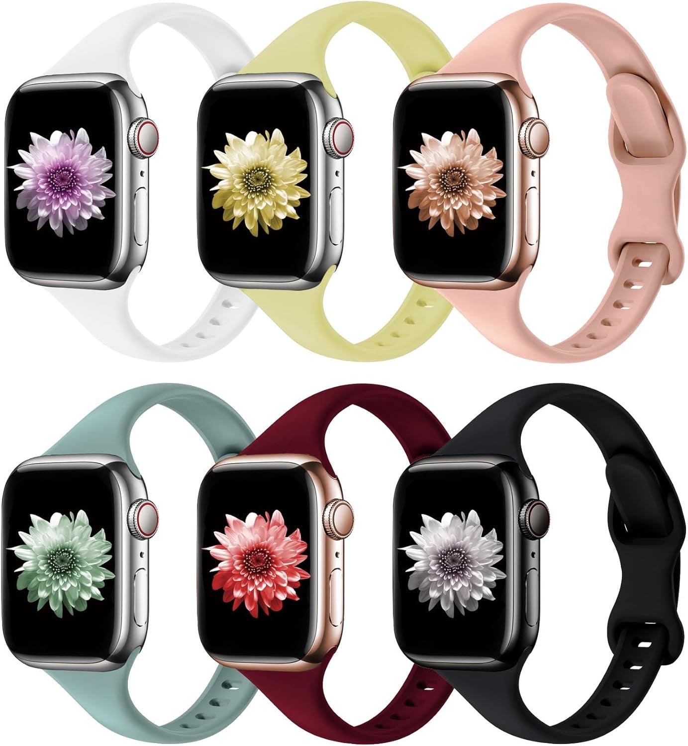 6 Pack Bands for Apple Watch Band 41Mm 40Mm 38Mm 44Mm 45Mm 42Mm 49Mm Ultra 2 Women Men Slim Thin Narrow Silicone Soft Sport Strap Wristband for Iwatch Series 9/8/7/SE/6/5/4/3/2/1