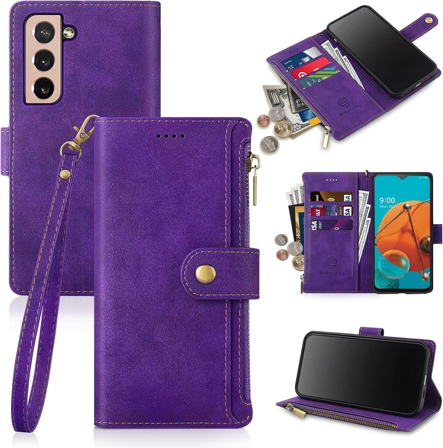 Antsturdy Samsung Galaxy S22+/S22 plus Case Wallet with Card Holder for Women Men,Galaxy S22+/S22 plus Phone Case RFID Blocking PU Leather Flip Cover with Strap Zipper Credit Card Slots,Light Purple