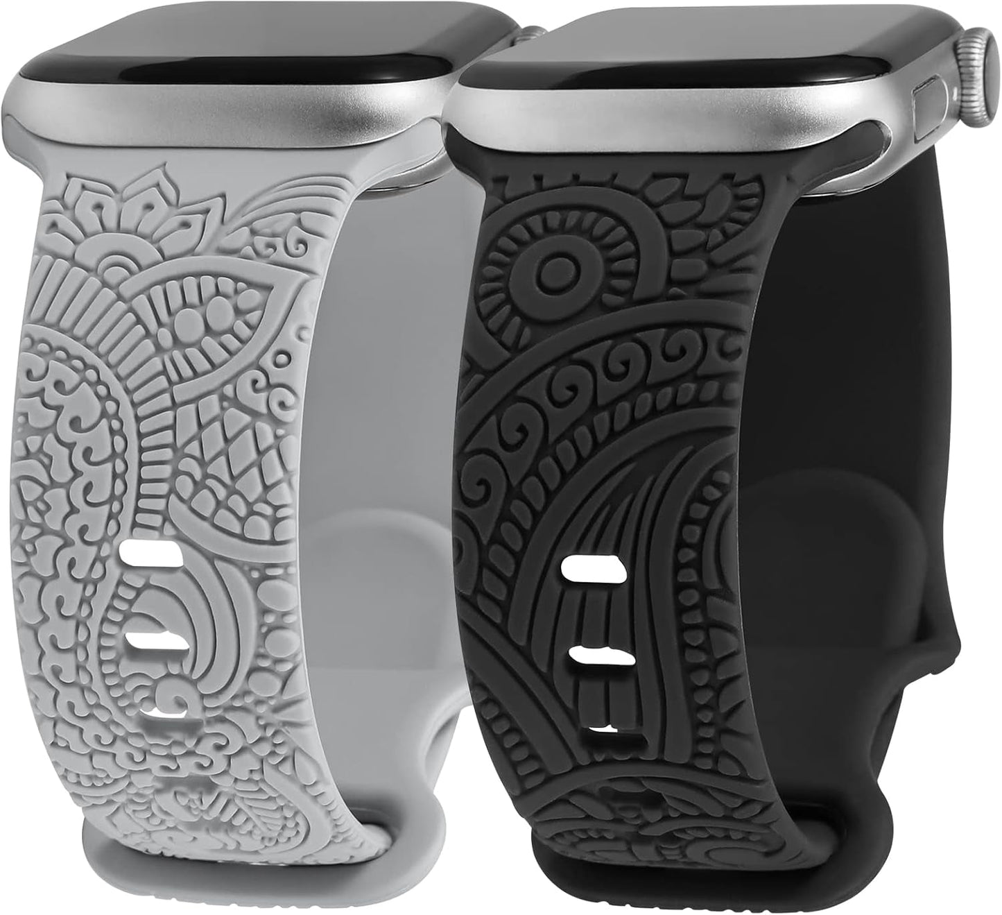 2 Packs Boho Engraved Bands Compatible with Apple Watch Bands 41Mm 40Mm 38Mm 45Mm 44Mm 42Mm 49Mm Women Girls Men, Silicone Sport Fancy Dressy Cute Strap for Iwatch Series 9/Ultra/Se/8/7/6/5/4/3/2/1