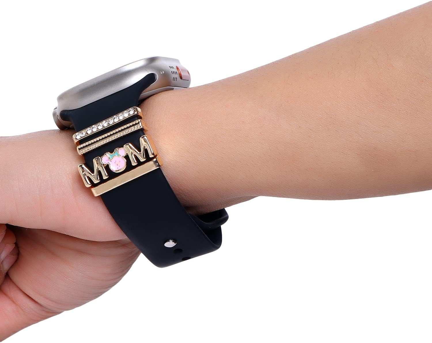 Decorative Rings Loops Compatible with Apple Watch Silicone Bands Metal Diamond Charms 45Mm 44Mm 42Mm 41Mm 40Mm 38Mm Iwatch Series 8 7 6 5 4 3 2 1 Accessories (Mom Love)