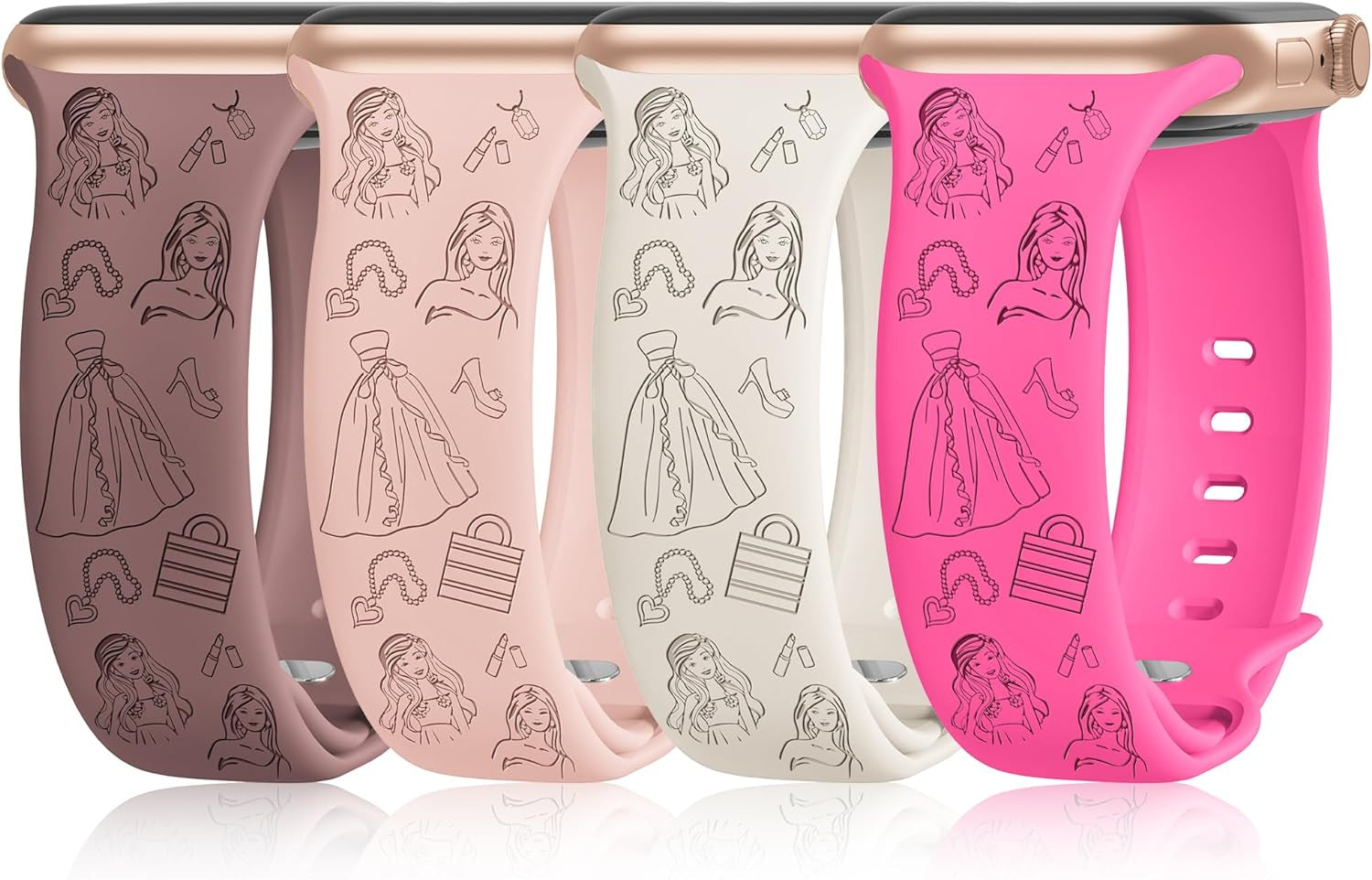 4 Pack Cartoon Engraved Bands Compatible with Apple Watch Band 40Mm 41Mm 38Mm 42Mm 44Mm 45Mm 49Mm Women,Soft Silicone Cute Designer Strap for Iwatch Bands Series SE 8 6 5 4 3 2 1 Ultra