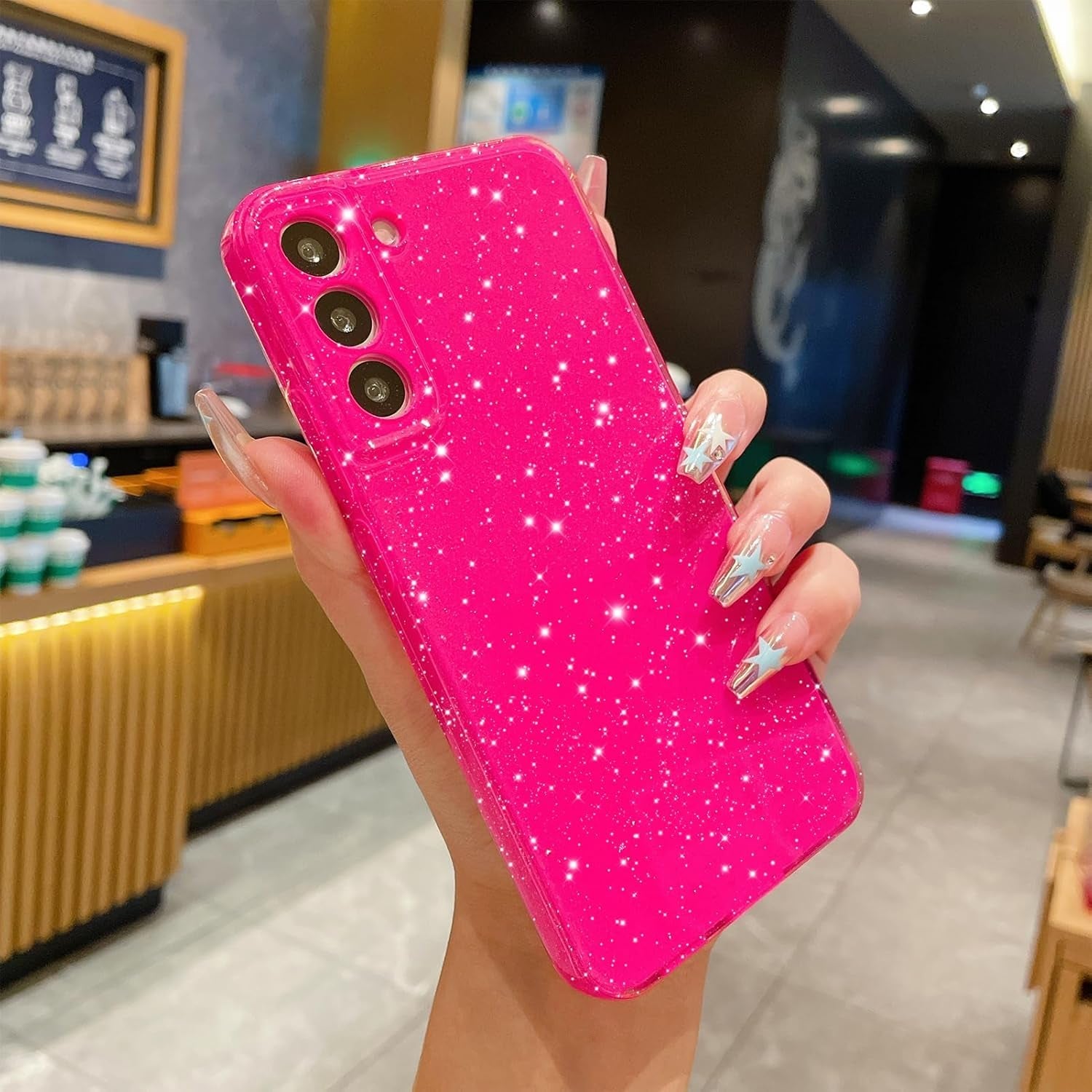 Cute Glitter Case for Samsung Galaxy S22 plus Case S22+ (6.6 Inch), Neon Bright Sparkly Bling Soft Silicone Phone Cover for Women Girls (Hot Pink)