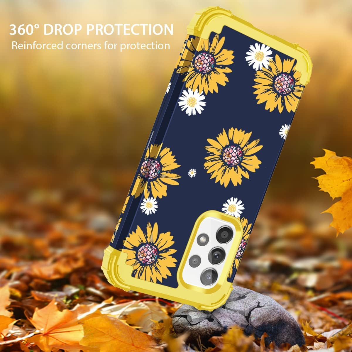 Fingic Samsung A53 5G Case,Samsung Galaxy A53 5G Case, Sunflower 3 in 1 Heavy Duty Hard PC Soft Silicone Rugged Bumper Full-Body Shockproof Protective Phone Case for Samsung Galaxy A53 5G, Yellow