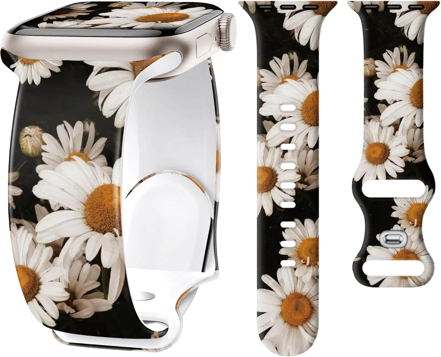 2 Pack Silicone Floral Band for Apple Watch Bands 41Mm 40Mm 38Mm for Women, Cute Flower Printed for Iwatch Bands, Fancy Dressy Soft Sport Strap for Apple Watch Band Series 9 8 7 SE 6 5 4 3