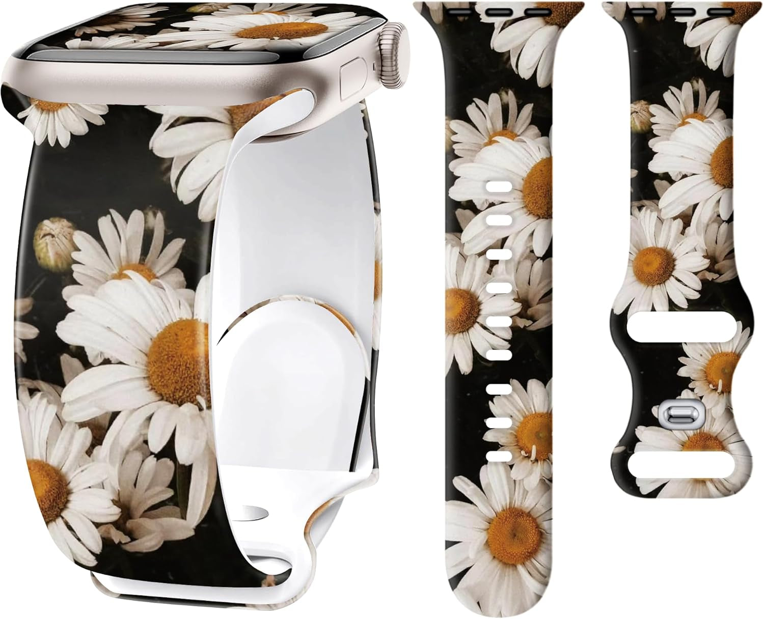 2 Pack Silicone Floral Band for Apple Watch Bands 41Mm 40Mm 38Mm for Women, Cute Flower Printed for Iwatch Bands, Fancy Dressy Soft Sport Strap for Apple Watch Band Series 9 8 7 SE 6 5 4 3