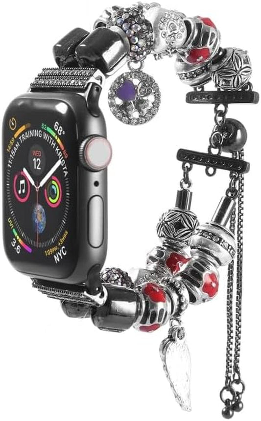 DIY Strap for Apple Watch Band Watch Band with Charms Silver and Black Color Fits with Pandora Beads and Pandora Charms.