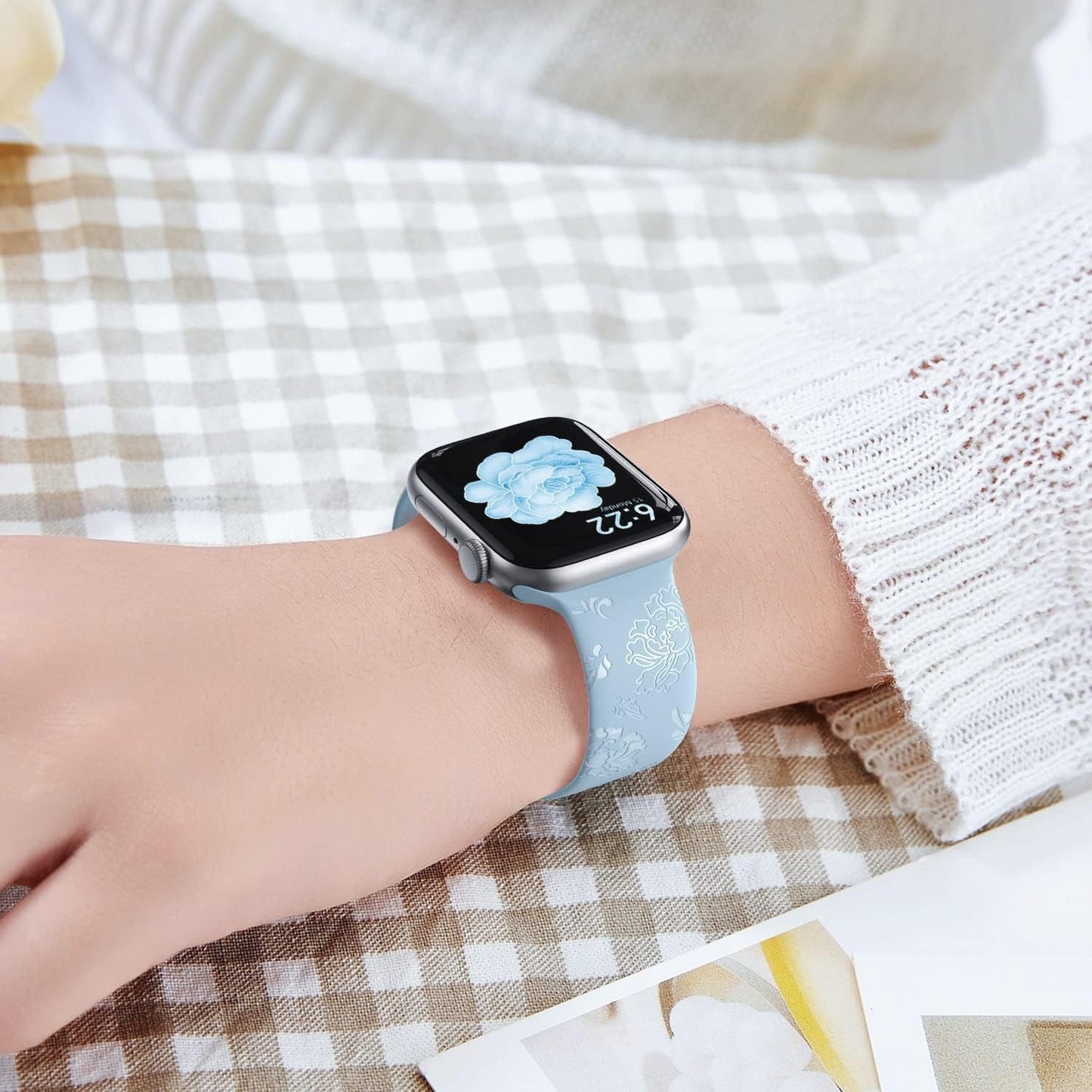 5 Pack Flower Engraved Silicone Band Compatible with Apple Watch Band 42Mm 44Mm 45Mm 47Mm, Elegant Peony Fancy Designer Sport Women Band Replacement for Iwatch Series 8 7 6 5 4 3 2 1 SE