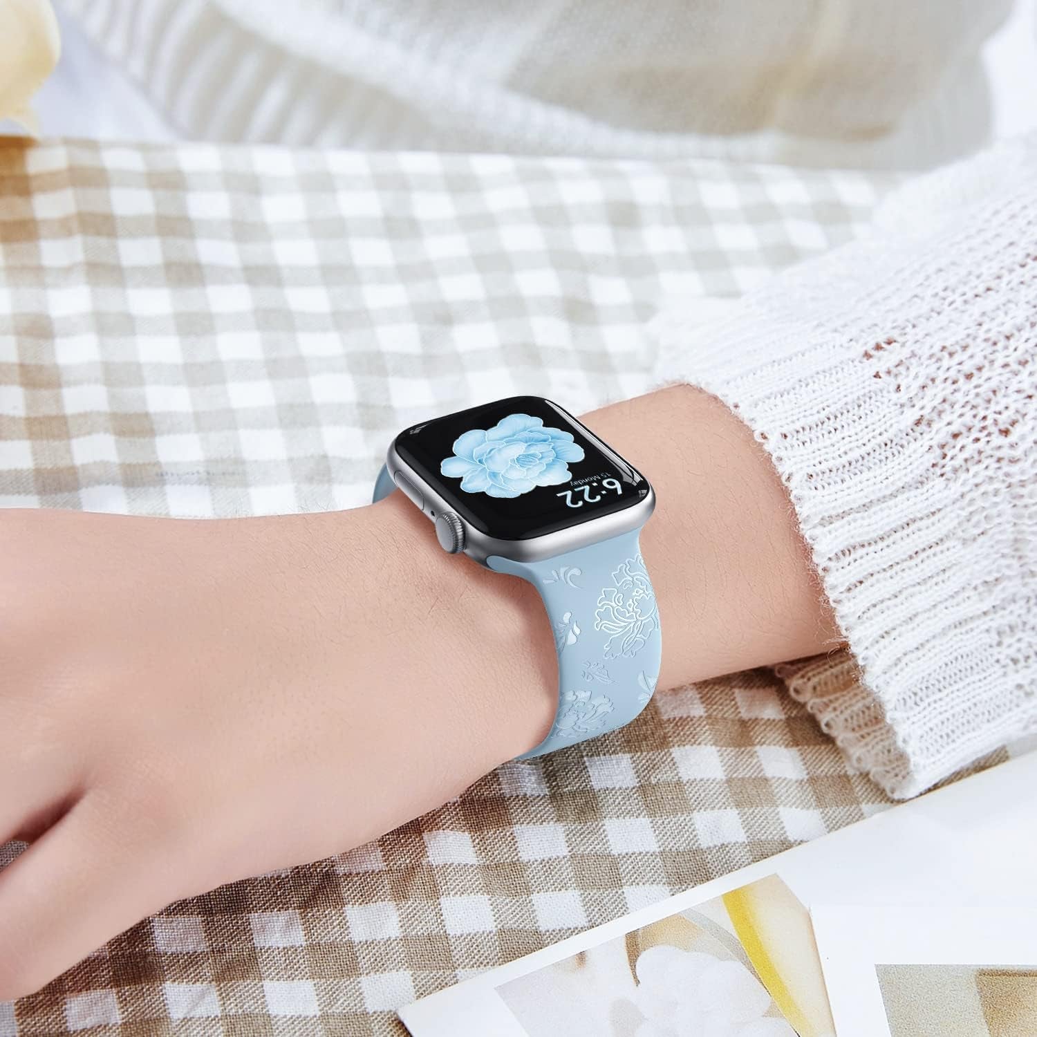 5 Pack Flower Engraved Silicone Band Compatible with Apple Watch Band 42Mm 44Mm 45Mm 47Mm, Elegant Peony Fancy Designer Sport Women Band Replacement for Iwatch Series 8 7 6 5 4 3 2 1 SE