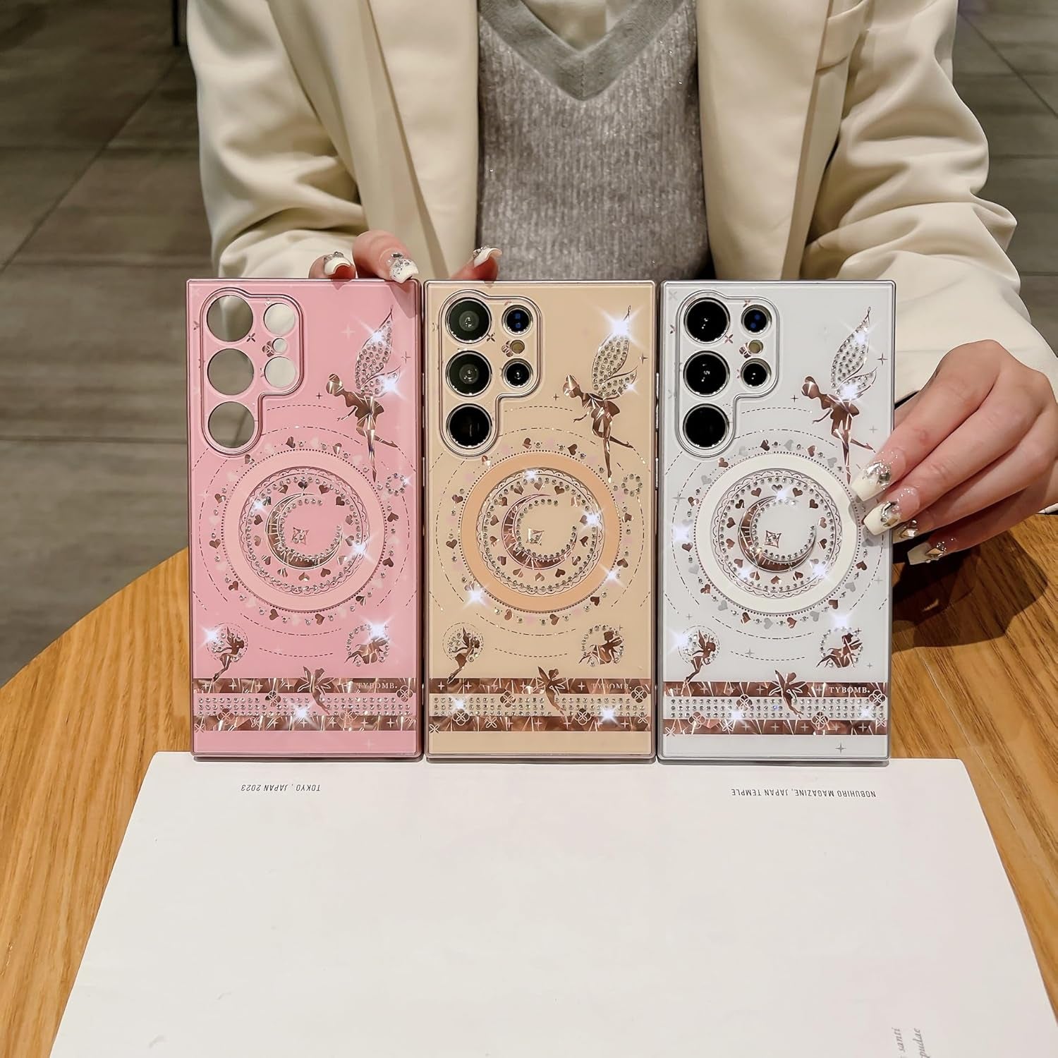 Cute Bling Magnetic Case for Galaxy S22 Ultra,Sparkle Luxury Rhinestone Heart Moon Star Angel Fairy Plating [Compatible with Magsafe] Girls Women for Samsung Galaxy S22 Ultra (Pink)