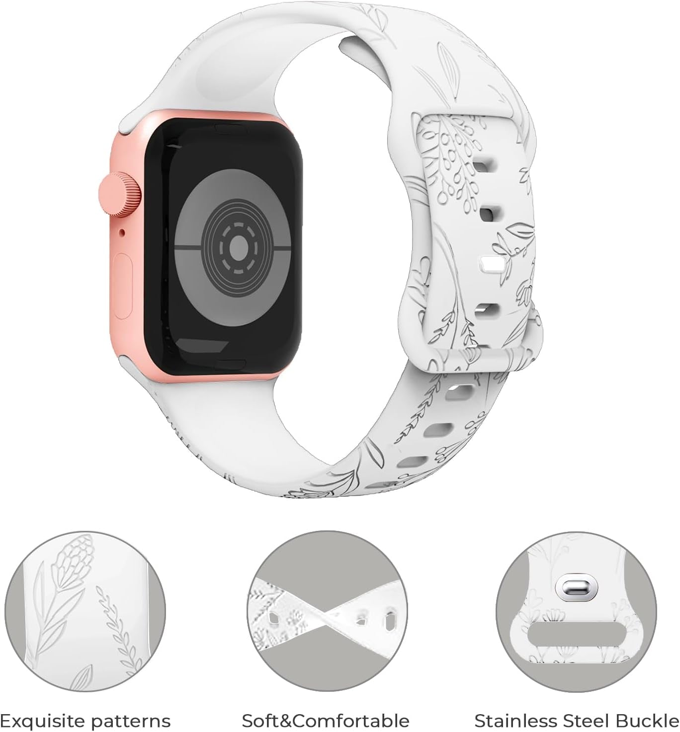 Floral Engraved Sport Bands Compatible with Apple Watch Band 40Mm 41Mm 38Mm 42Mm 44Mm 45Mm 49Mm, Soft Silicone Embossed Cute Wildflowers Sport Laser Strap for Iwatch Series 9 8 7 6 5 4 3 2 1 SE Ultra 2 Ultra Women Men