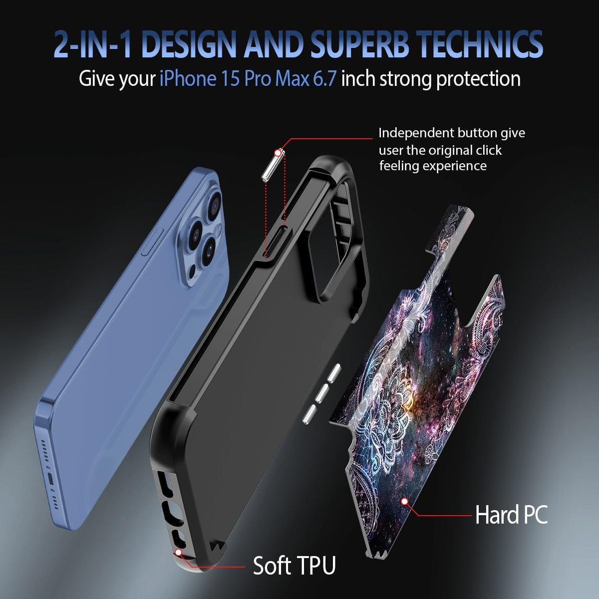 Casetego for Iphone 15 Pro Max Case,Two Layer Heavy Duty Sturdy Shockproof Full Body Rugged Hard Pc+Soft TPU Bumper Protective Girls Cover Case for Apple Iphone 15 Pro Max 6.7 Inch,Black  Casetego   