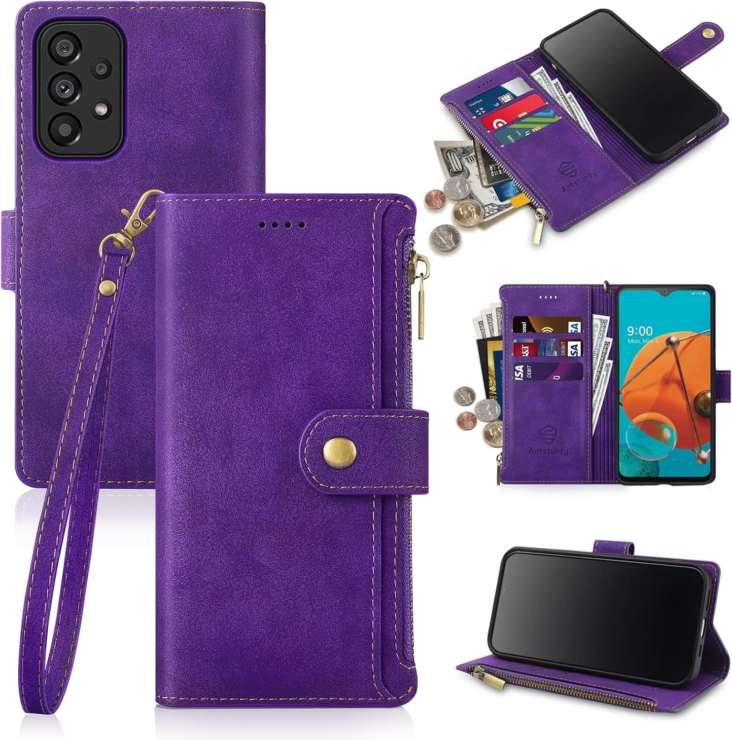 Antsturdy Samsung Galaxy A53 5G Case Wallet with Card Holder for Women Men,Galaxy A53 5G Phone Case RFID Blocking PU Leather Flip Shockproof Cover with Strap Zipper Credit Card Slots,Beige