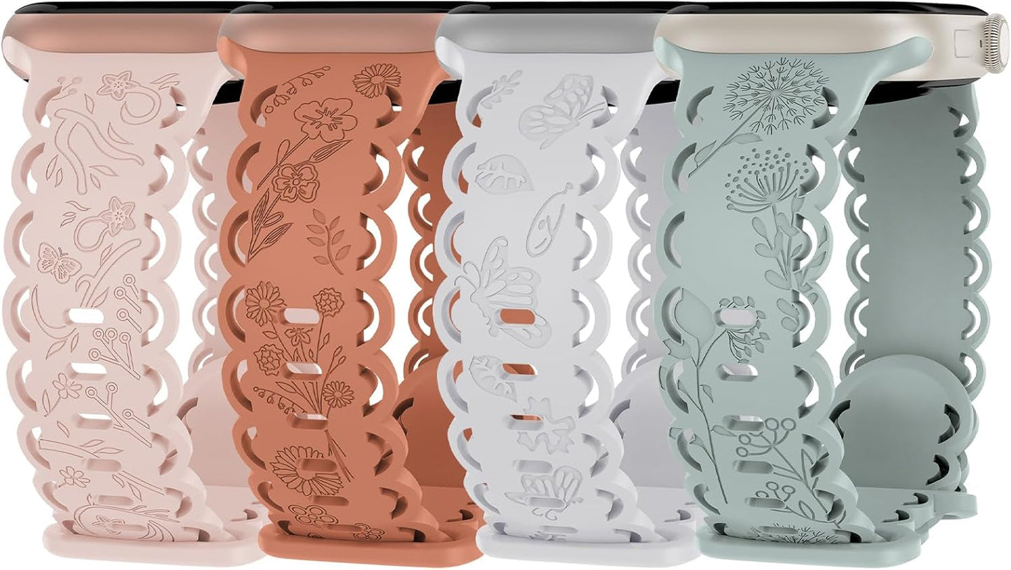 4 Pack Floral Engraved Silicone Bands Compatible with Apple Watch Band 38Mm 40Mm 41Mm 42Mm 44Mm 45Mm 49Mm Women, Soft Lace Cute Strap Flower Wristbands for Iwatch Series 9 8 7 6 5 4 3 2 1 SE Ultra