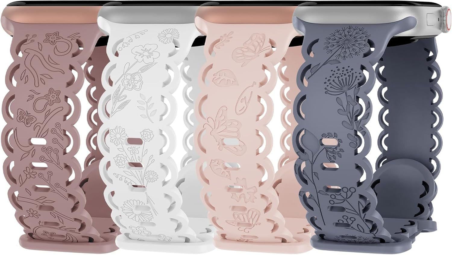 4 Pack Floral Engraved Silicone Bands Compatible with Apple Watch Band 38Mm 40Mm 41Mm 42Mm 44Mm 45Mm 49Mm Women, Soft Lace Cute Strap Flower Wristbands for Iwatch Series 9 8 7 6 5 4 3 2 1 SE Ultra