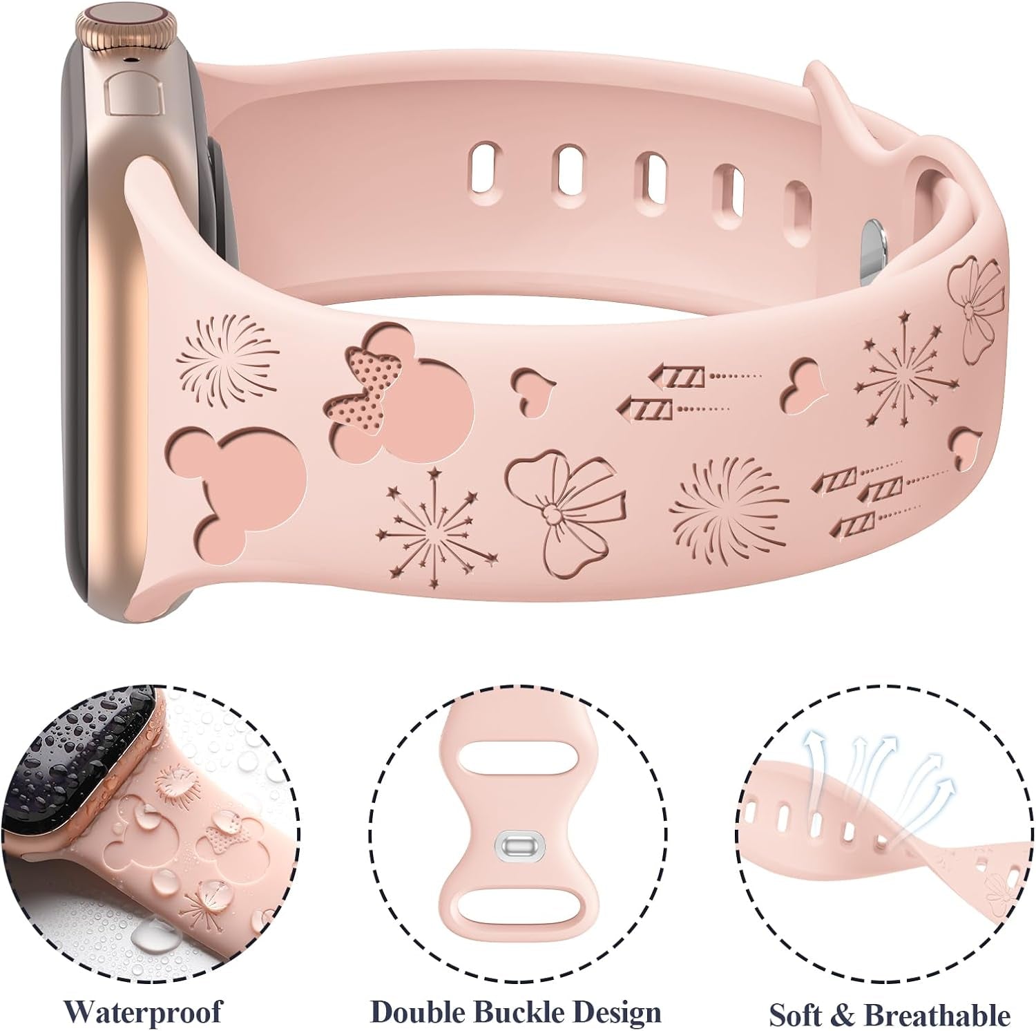 4 Pack Cartoon Engraved Bands Compatible with Apple Watch Band 40Mm 41Mm 38Mm 42Mm 44Mm 45Mm 49Mm Women,Soft Silicone Cute Designer Strap for Iwatch Bands Series SE 8 6 5 4 3 2 1 Ultra