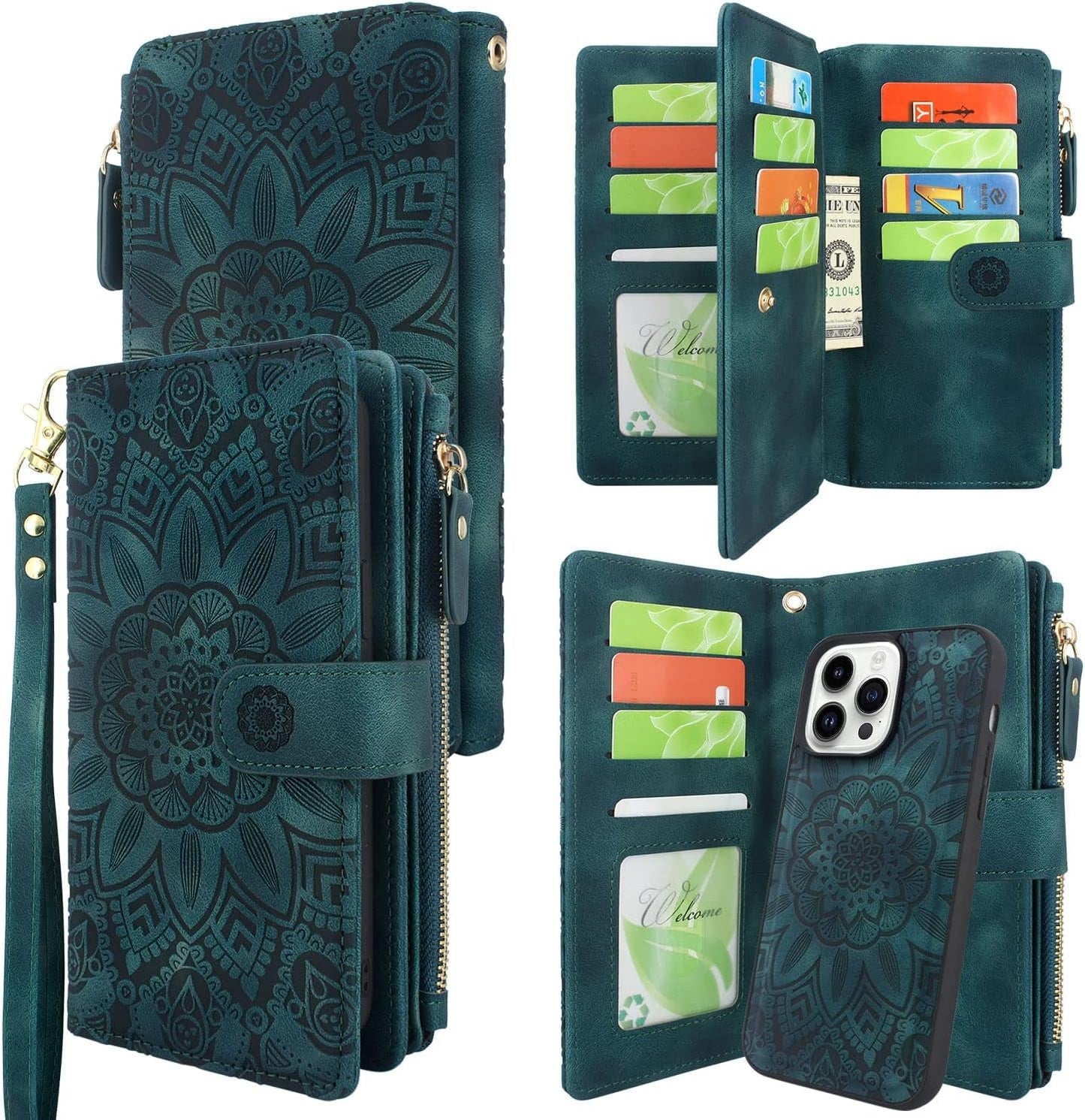 Harryshell Compatible with Iphone 14 Pro 6.1 Inch 5G 2022 Wallet Case Detachable Magnetic Cover Zipper Cash Pocket Multi Card Slots Holder Wrist Strap Lanyard (Floral Black)  Harryshell   