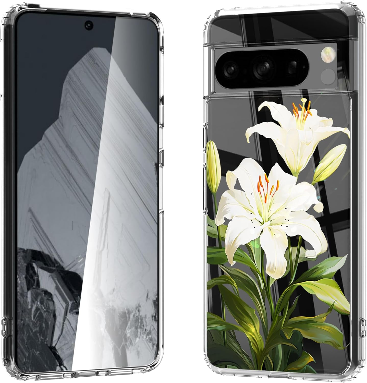 For Google Pixel 8 Clear Case with 3D Flower Printing Design, TPU+PC Slim Shock-Proof Protective Floral Cover for Women Girls, 6.2“ (Pic 5)  YIKECASE A-14 Google Pixel 8 Pro 