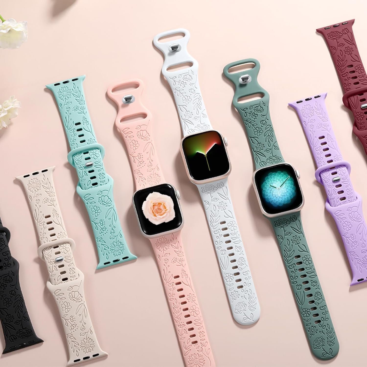 Easuny 8 Pack Bands for Women Apple Watch 40Mm 41Mm 38Mm 42Mm 44Mm 45Mm 49Mm Iwatch Series 9 8 7 6 5 4 3 Ultra 2/1 SE SE 2Nd, Soft Silicone Floral Engraved Dressy Wrist Straps