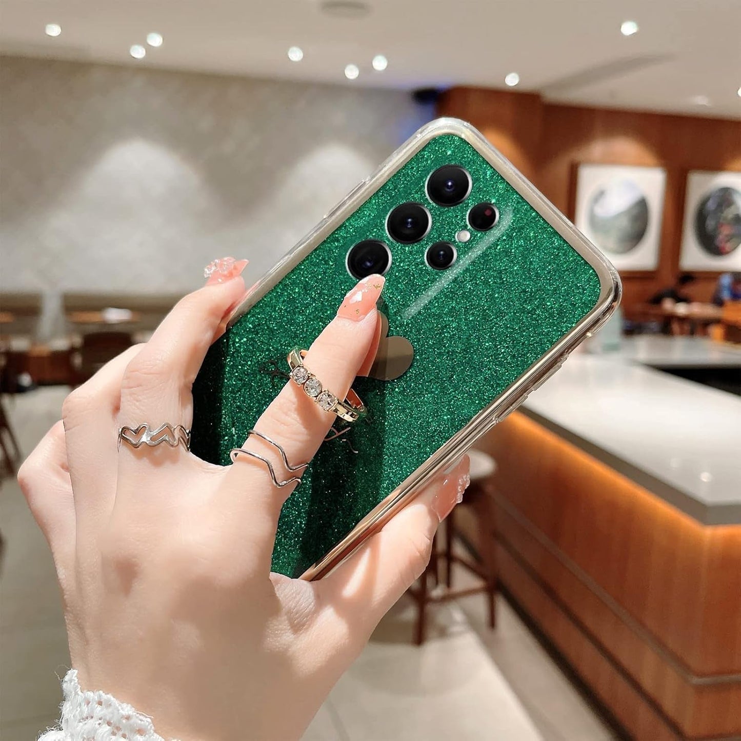 For Samsung Galaxy S22 Ultra Case (6.8-Inch) with Ring Kickstand Girls Woman Cute Glitter Slim Soft Silicone Bumper Shockproof Drop Protective Cover - Green
