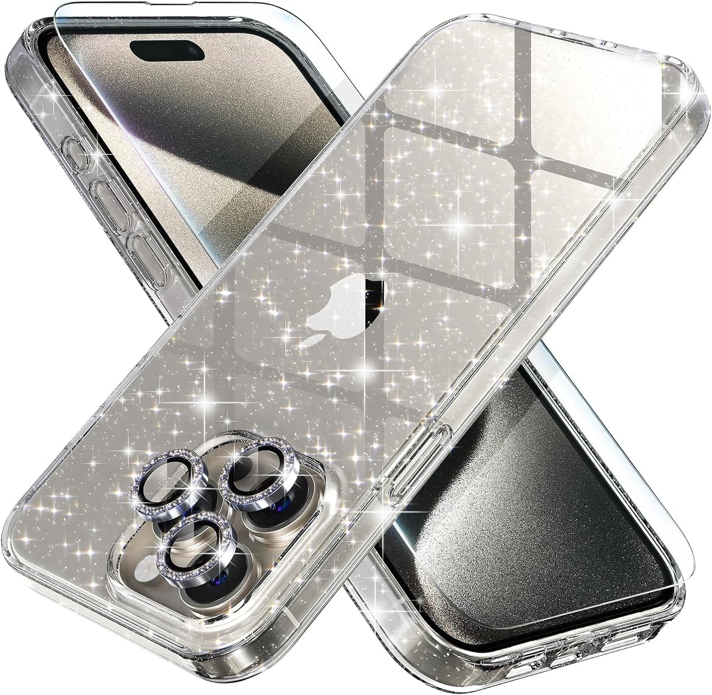 Choiche Compatible for Iphone 15 Pro Case, Women Cute Clear Glitter Bling Sparkly Case, [3 X Diamond Camera Lens Protectors] [2 X Tempered Glass Screen Protectors] 6.1-Inch (Glitter Clear)  Choiche   