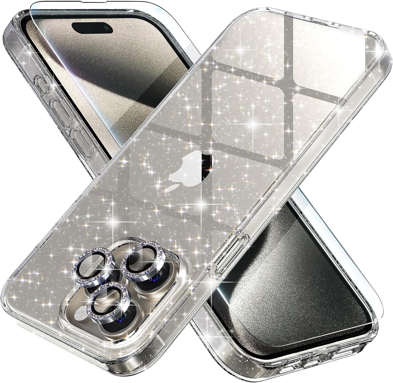 Choiche Compatible for Iphone 15 Pro Case, Women Cute Clear Glitter Bling Sparkly Case, [3 X Diamond Camera Lens Protectors] [2 X Tempered Glass Screen Protectors] 6.1-Inch (Glitter Clear)  Choiche   