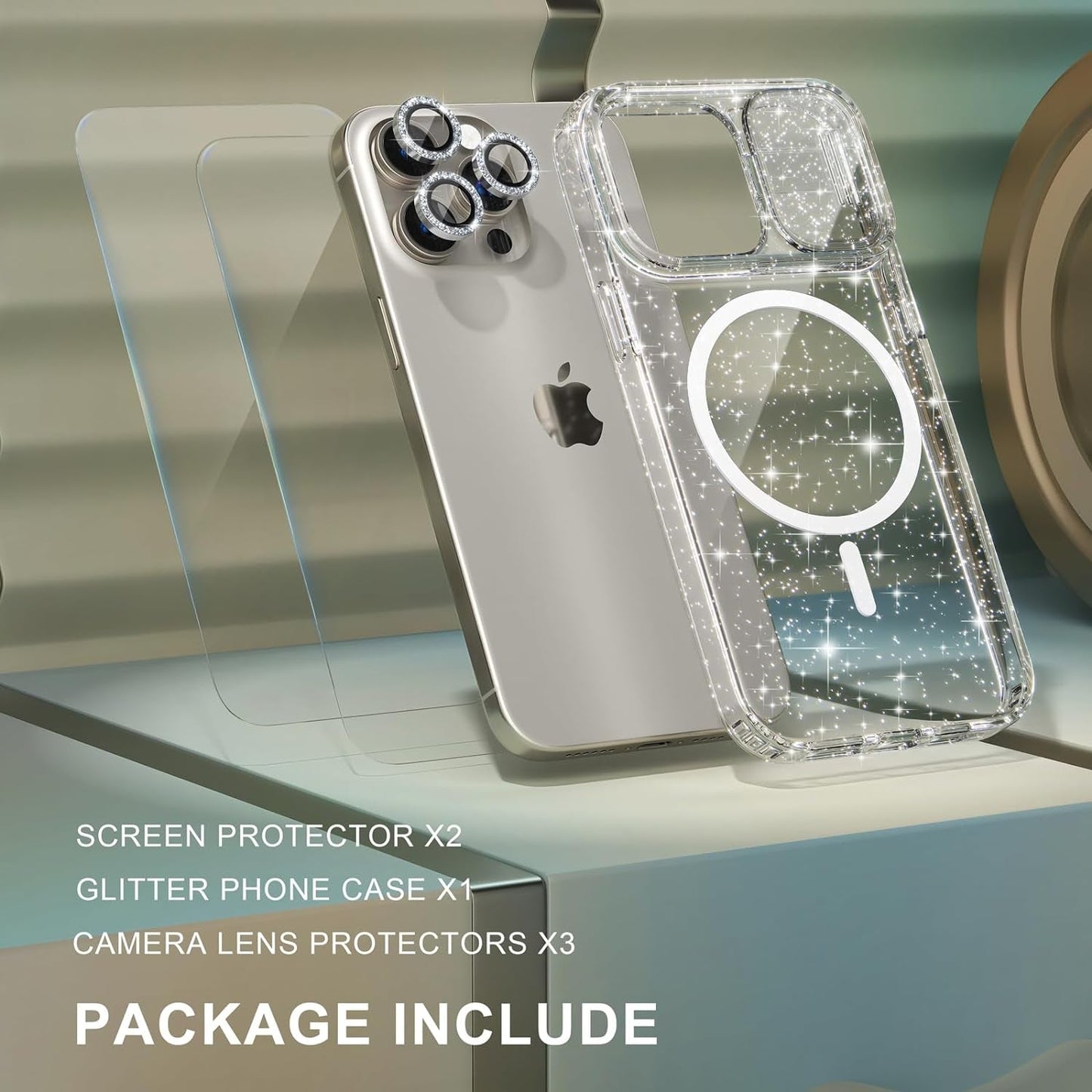 Choiche Magnetic Case for Iphone 15 Pro Case, Women Clear Glitter Sparkly Case, [Slide Camera Cover & 3 Diamond Camera Lens Protectors & 2 Screen Protectors] [Compatible Magsafe] (Glitter Clear)  Choiche   