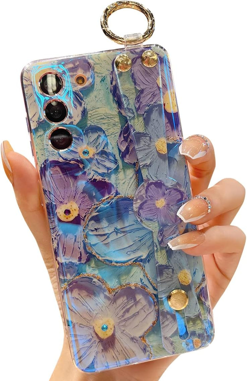 For Samsung Galaxy S22 plus Case Cute with Wrist Strap Kickstand Case 6.6" 5G Glitter Bling Cartoon IMD Soft TPU Shockproof Protective Phone Cases Cover for Girls and Women - Sunflower
