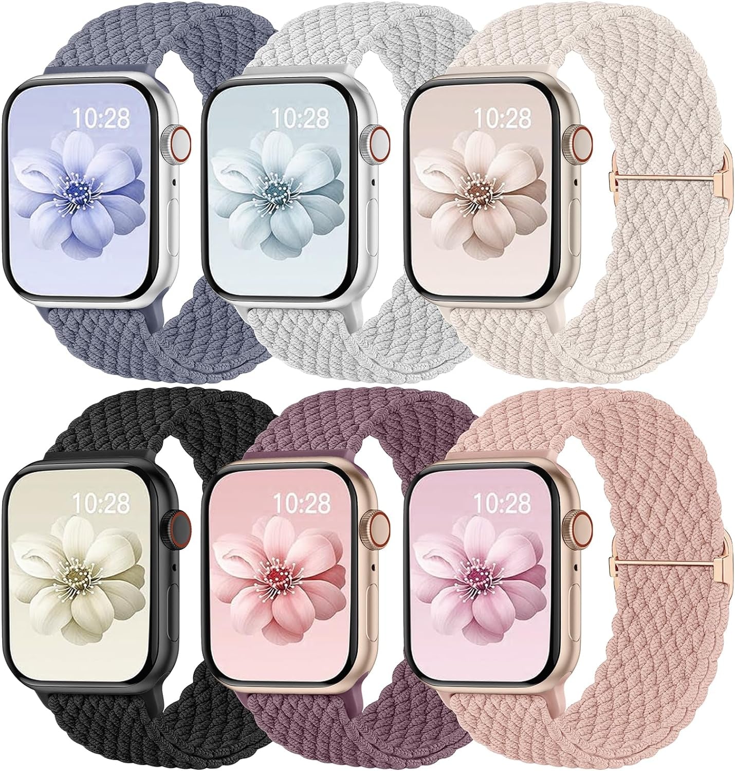 6 Pack Braided Stretchy Bands Compatible with Apple Watch Band 38Mm 40Mm 41Mm 42Mm 44Mm 45Mm 49Mm Women Men, Adjustable Soft Nylon Strap for Iwatch Series 9 8 7 6 5 4 3 2 1 SE Ultra/Ultra 2