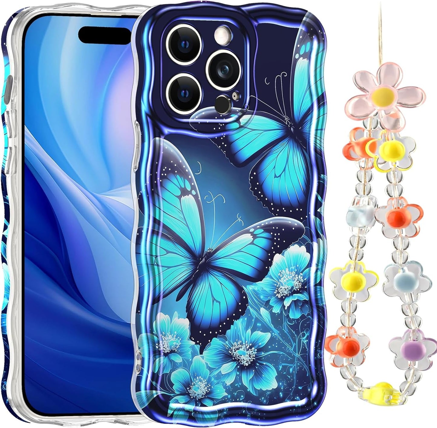 LONTECT for Iphone 14 Pro Max Case Shockproof Slim Full Body Protective Cute Curly Wave Border Camera Protection Cover+Flower Beads Chain Girls Women Case for Apple Iphone 14 Pro Max,Pink Butterfly  Lontect   