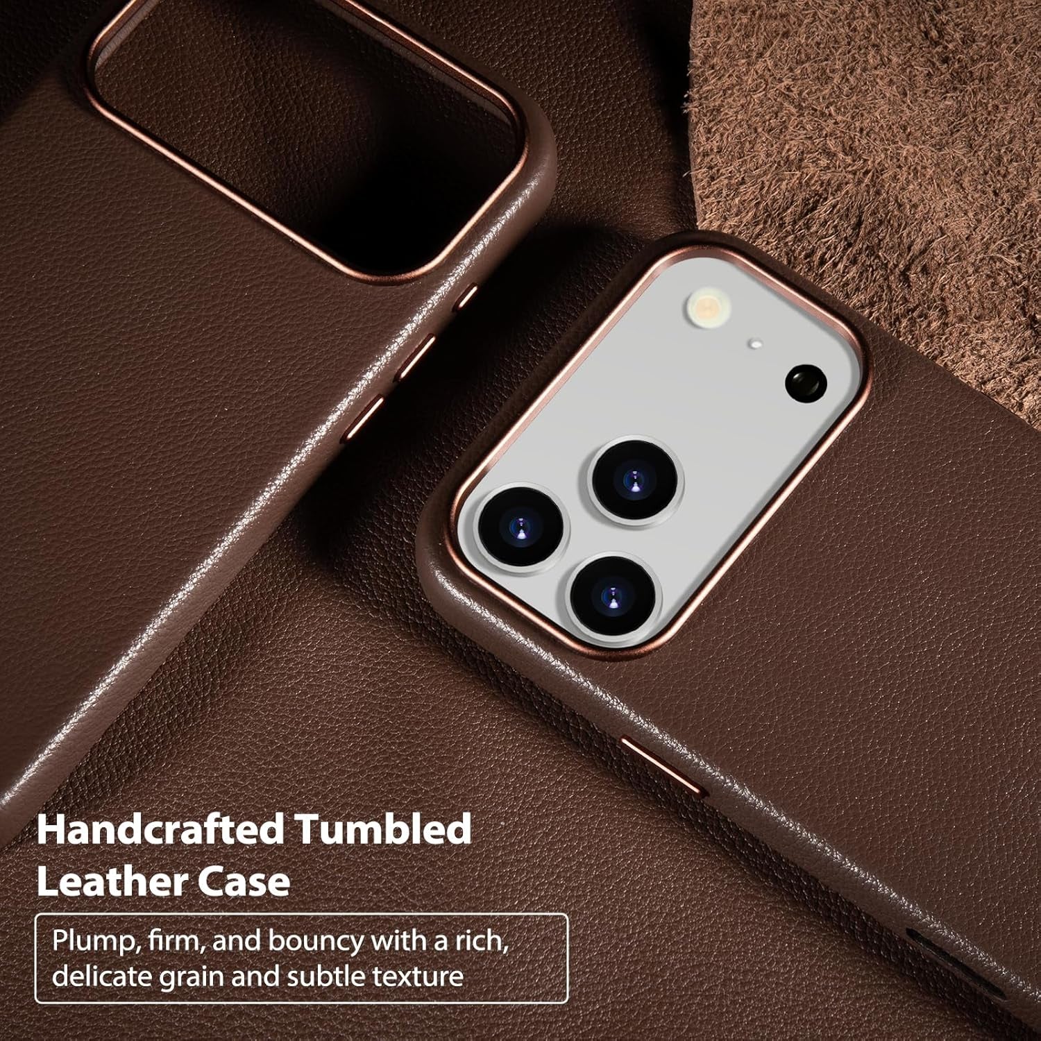 Belemay Handcrafted Premium Tumbled Leather Case for Iphone 17 Pro Max, Compatible with Magsafe, Distinctive Texture, Natural Patina, Camera Control Button, Metal Buttons Phone Cover (6.9"), Brown