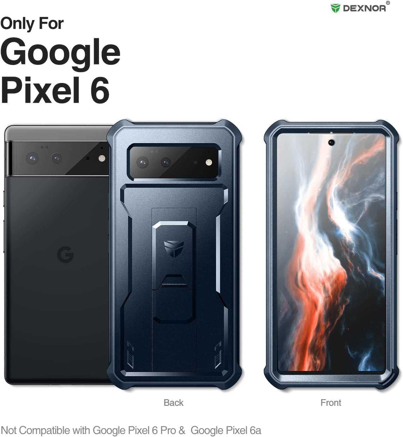 Dexnor for Google Pixel 6 Case, [Built in Screen Protector and Kickstand] Heavy Duty Military Grade Protection Shockproof Protective Cover for Google Pixel 6 5G (Navy Blue)  Dexnor   