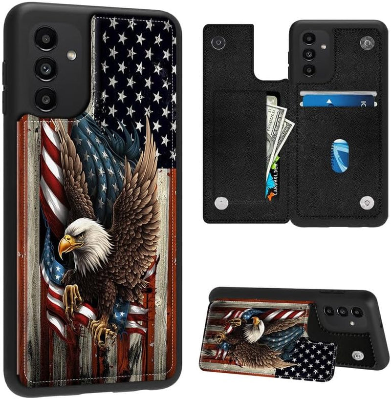 Case for Samsung Galaxy A14 5G Wallet Phone Case with Card Holder,Pu Leather Kickstand Card Slot Cover for Women Men (Dual Magnetic Clasp+Rfid Blocking)-Bald Eagle with Flag