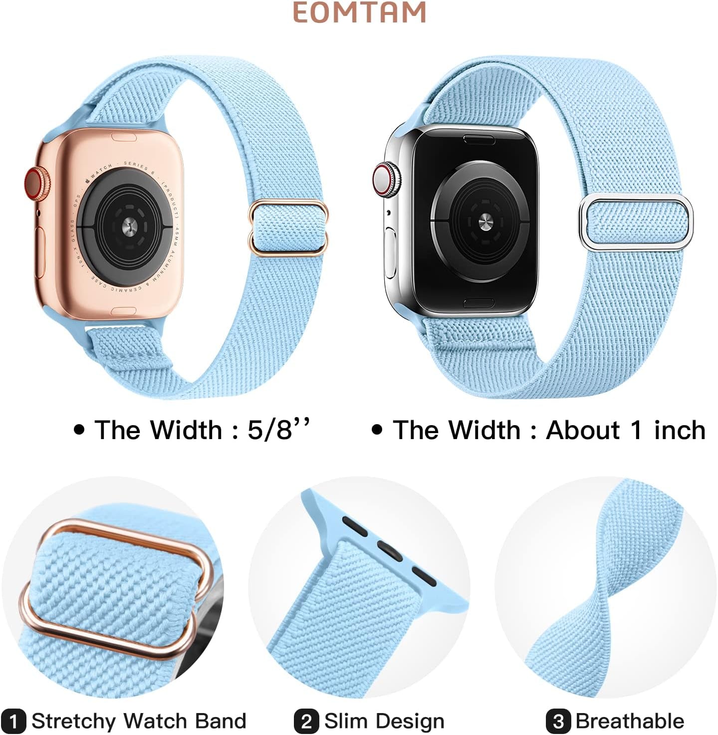 EOMTAM 6 Pack Slim Stretchy Compatible for Apple Watch Band 38Mm 40Mm 41Mm 42Mm 44Mm 45Mm Women,Lady Nylon Thin Elastics Wristbands Solo Loop Straps for Iwatch Series 8 7 6 SE 5 4 3